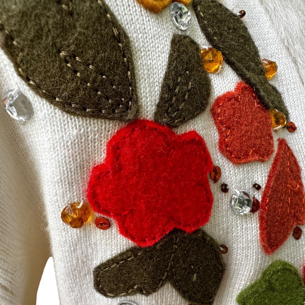 Fall Leaf Embellished Cardigan Jacket Faux Fur‎ Trim Appliqué Beaded Ivory M-L - Picture 5 of 16